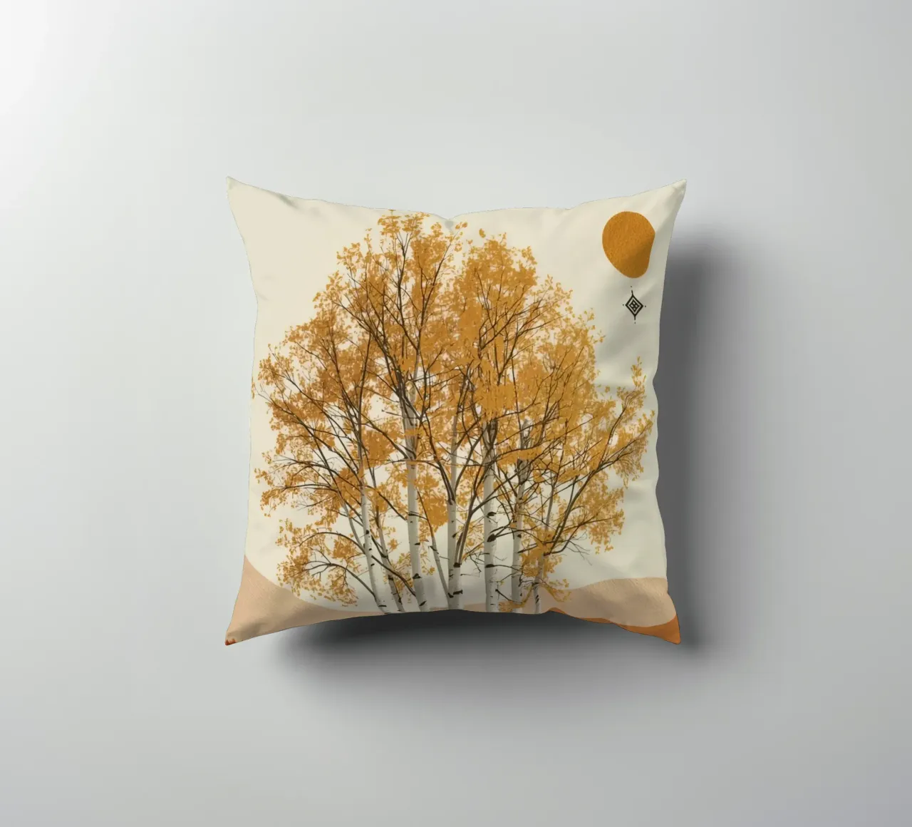 Betulle in un paesaggio autunnale con il sole cuscino da DesignDoodle