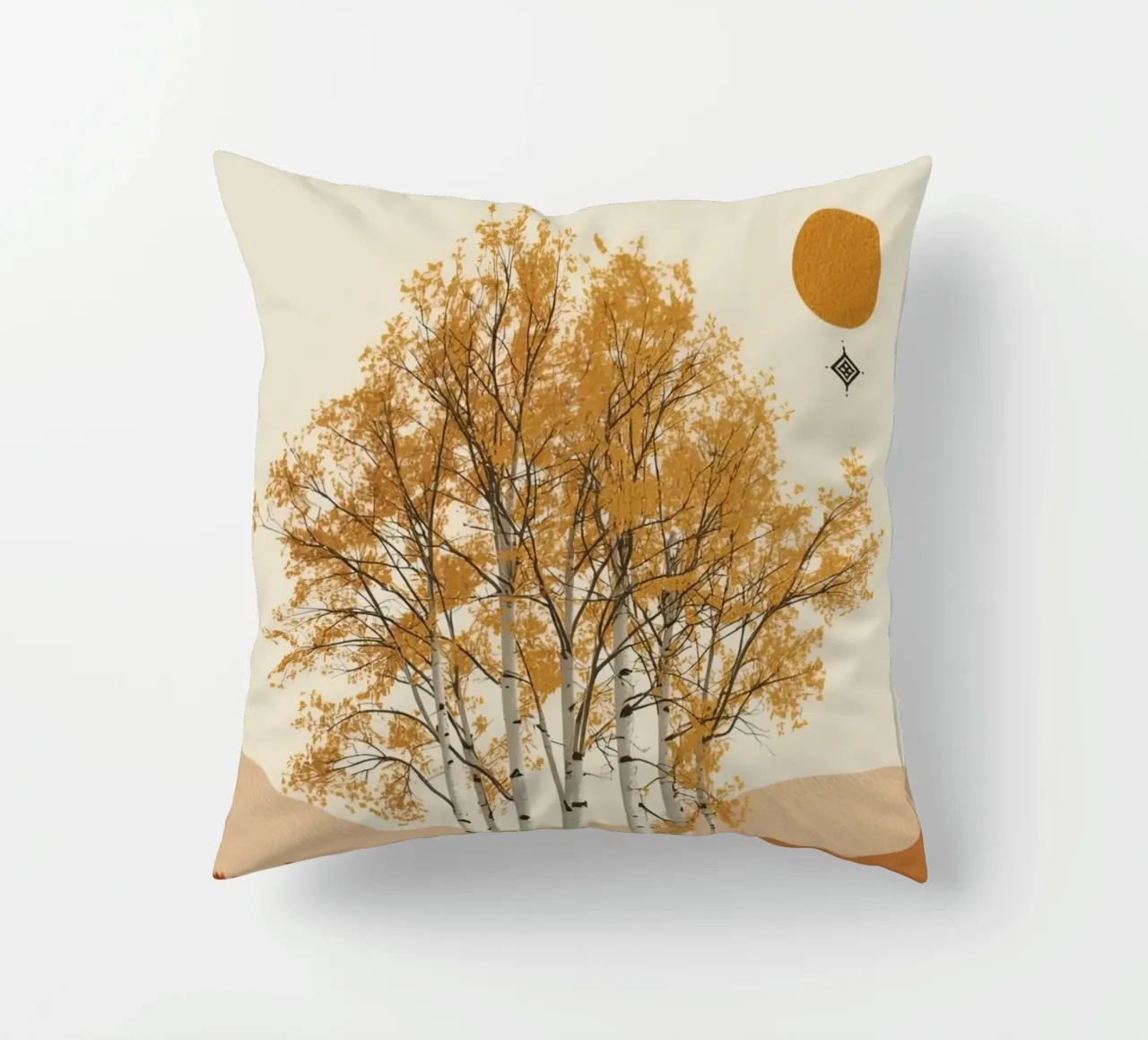 Betulle in un paesaggio autunnale con il sole cuscino da DesignDoodle