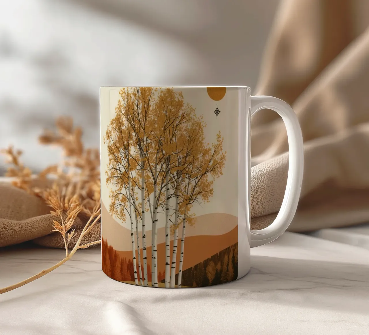 Betulle in un paesaggio autunnale con il sole tazza in ceramica da DesignDoodle