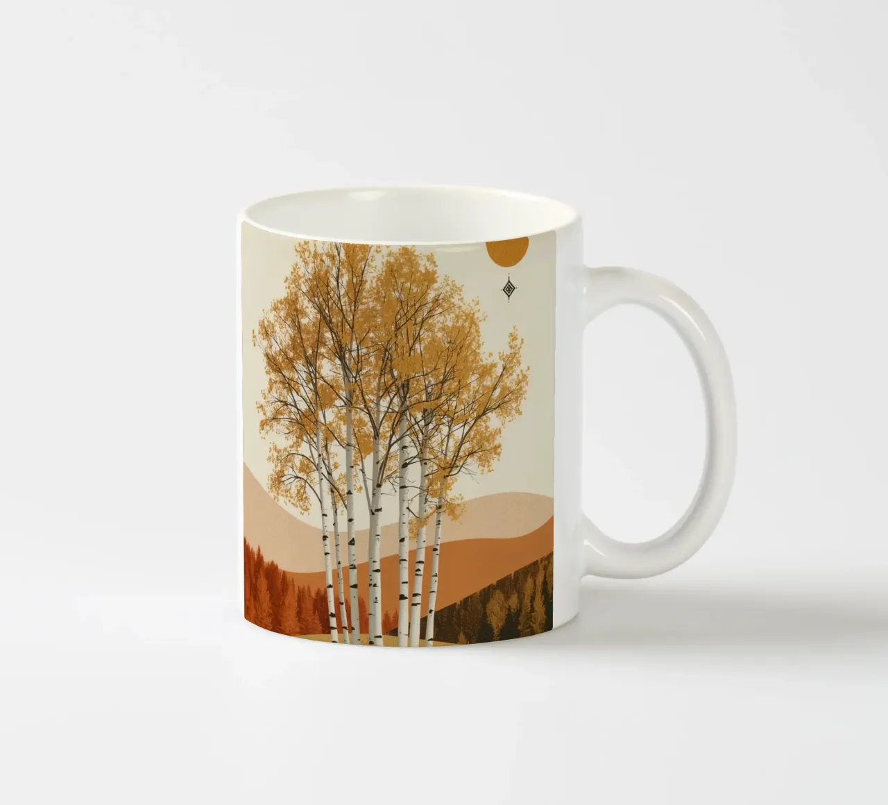Betulle in un paesaggio autunnale con il sole tazza in ceramica da DesignDoodle