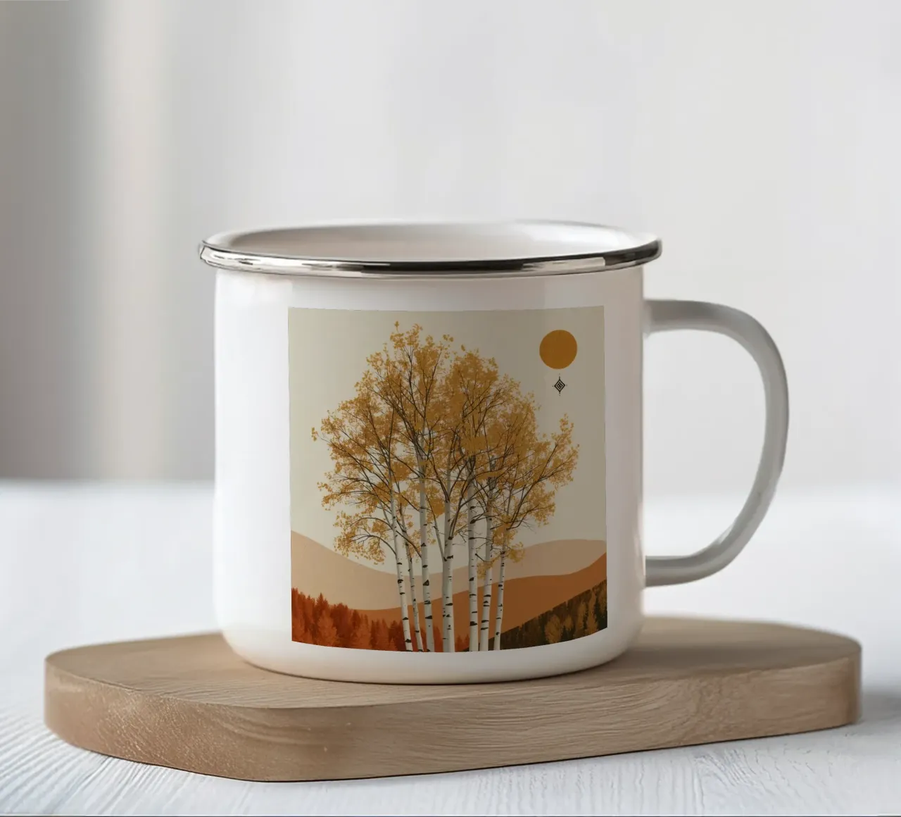 Betulle in un paesaggio autunnale con il sole tazza in smalto da DesignDoodle