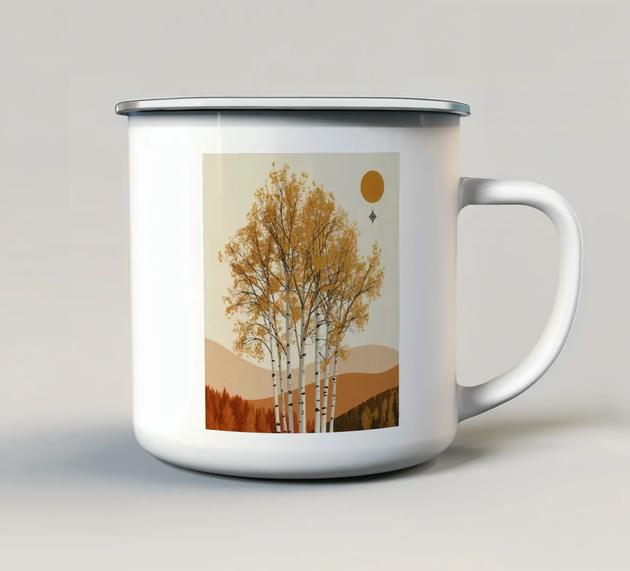 Betulle in un paesaggio autunnale con il sole tazza in smalto da DesignDoodle