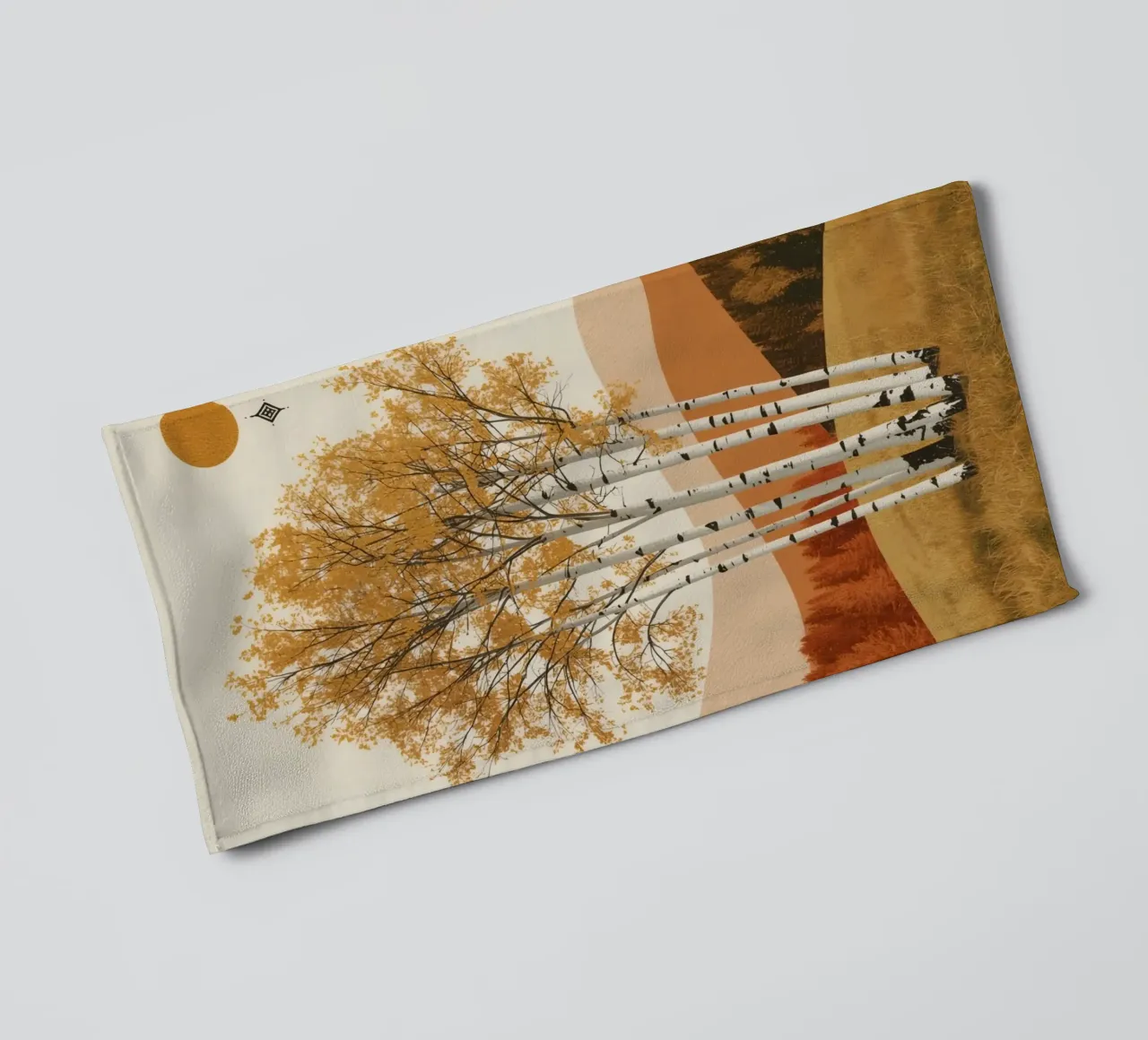 Birch Trees in Autumn Landscape with Sun towel by DesignDoodle