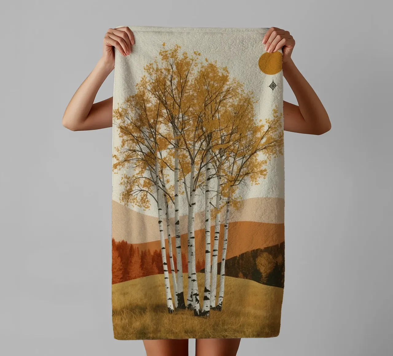 Birch Trees in Autumn Landscape with Sun towel by DesignDoodle