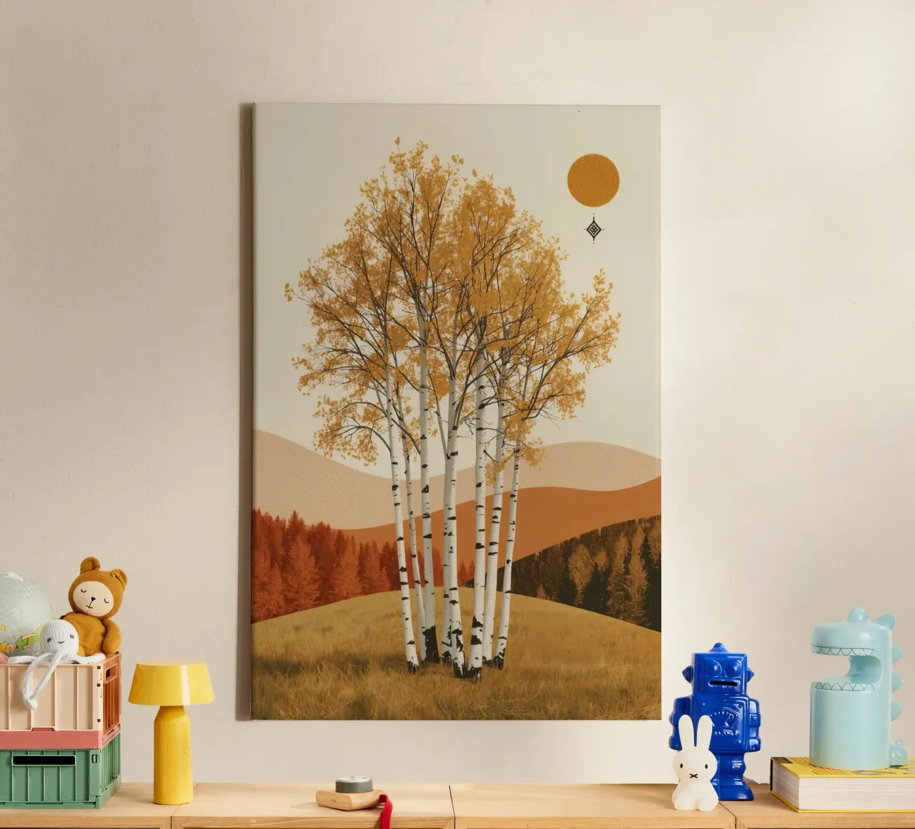 Birch Trees in Autumn Landscape with Sun canvas by DesignDoodle