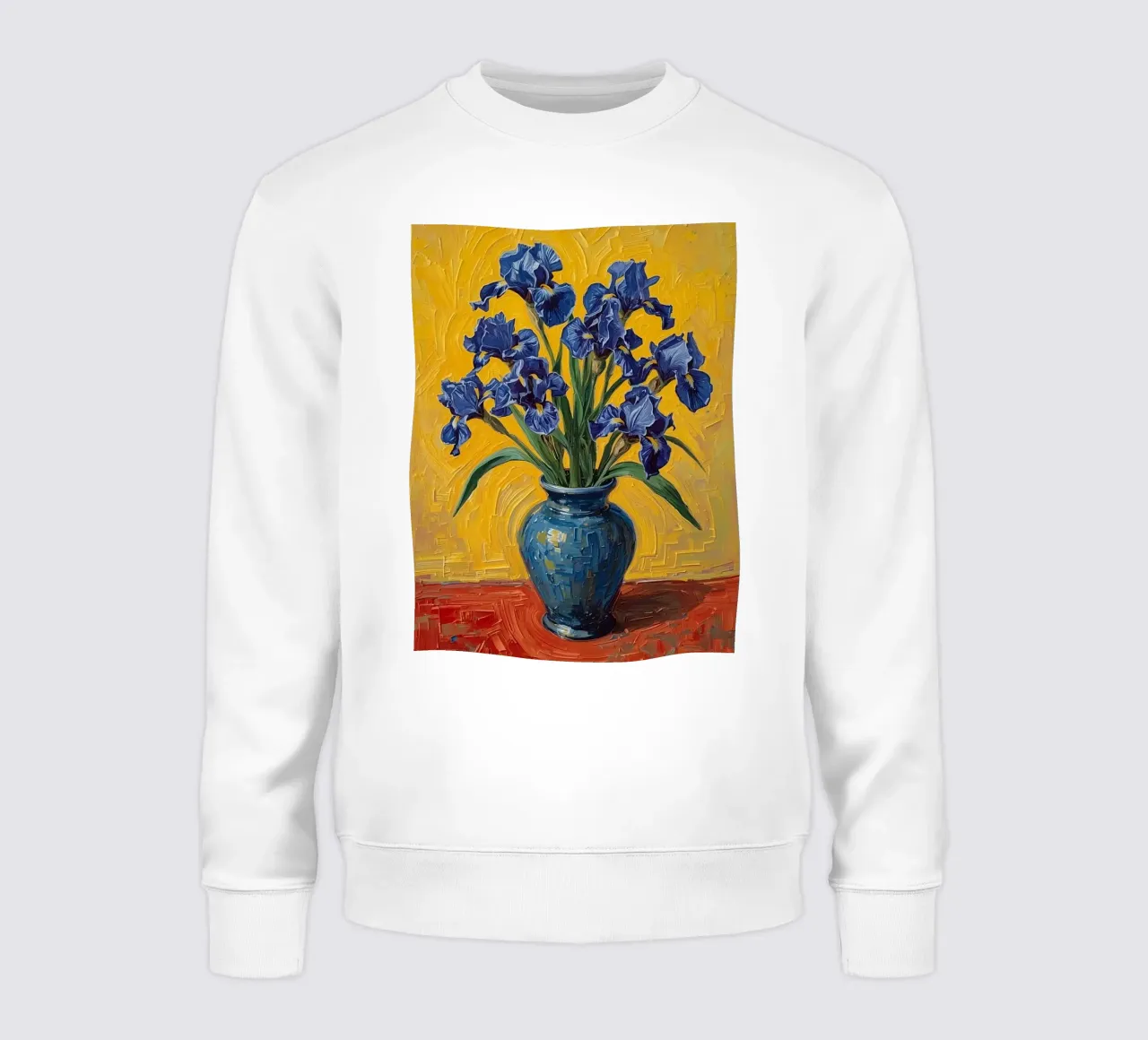 Iris blu in vaso blu su superficie rossa felpa da DesignDoodle