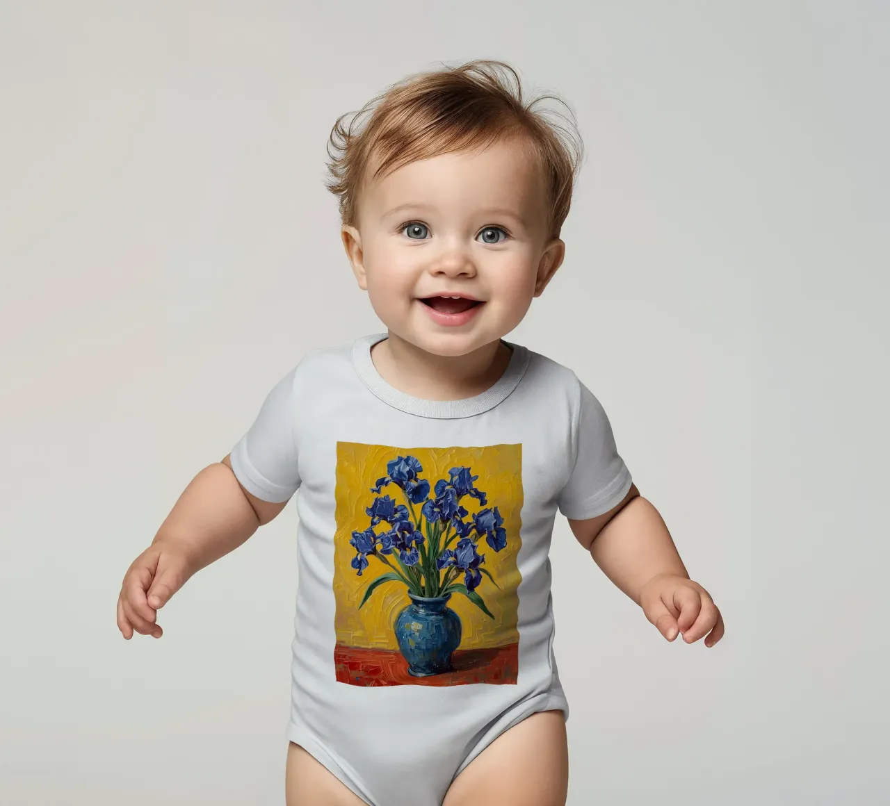 Iris blu in vaso blu su superficie rossa body neonato maniche corte da DesignDoodle
