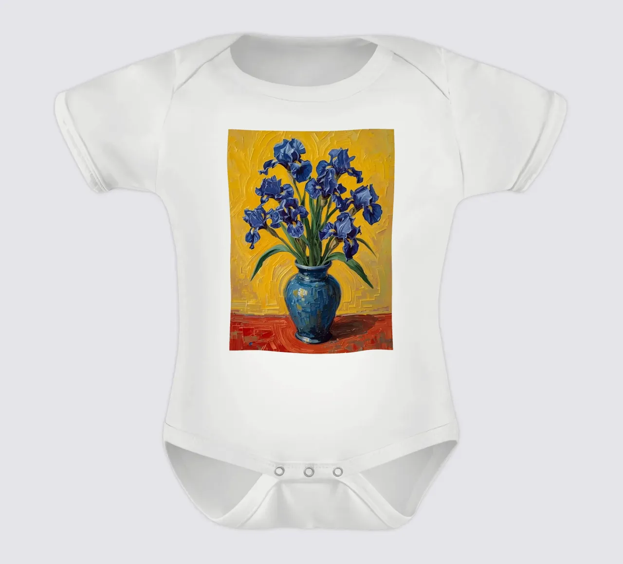 Iris blu in vaso blu su superficie rossa body neonato maniche corte da DesignDoodle