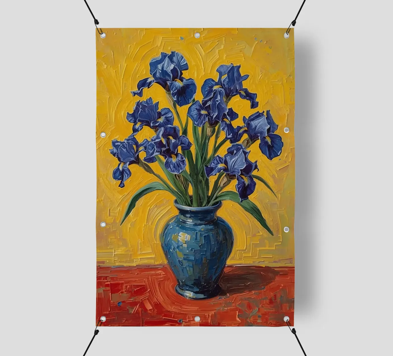 Iris blu in vaso blu su superficie rossa telo in pvc da DesignDoodle