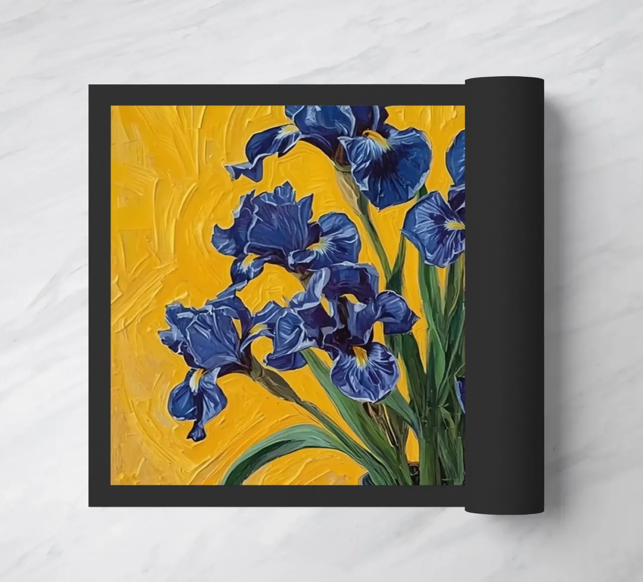 Iris bleus dans un vase bleu sur fond rouge paillasson de DesignDoodle