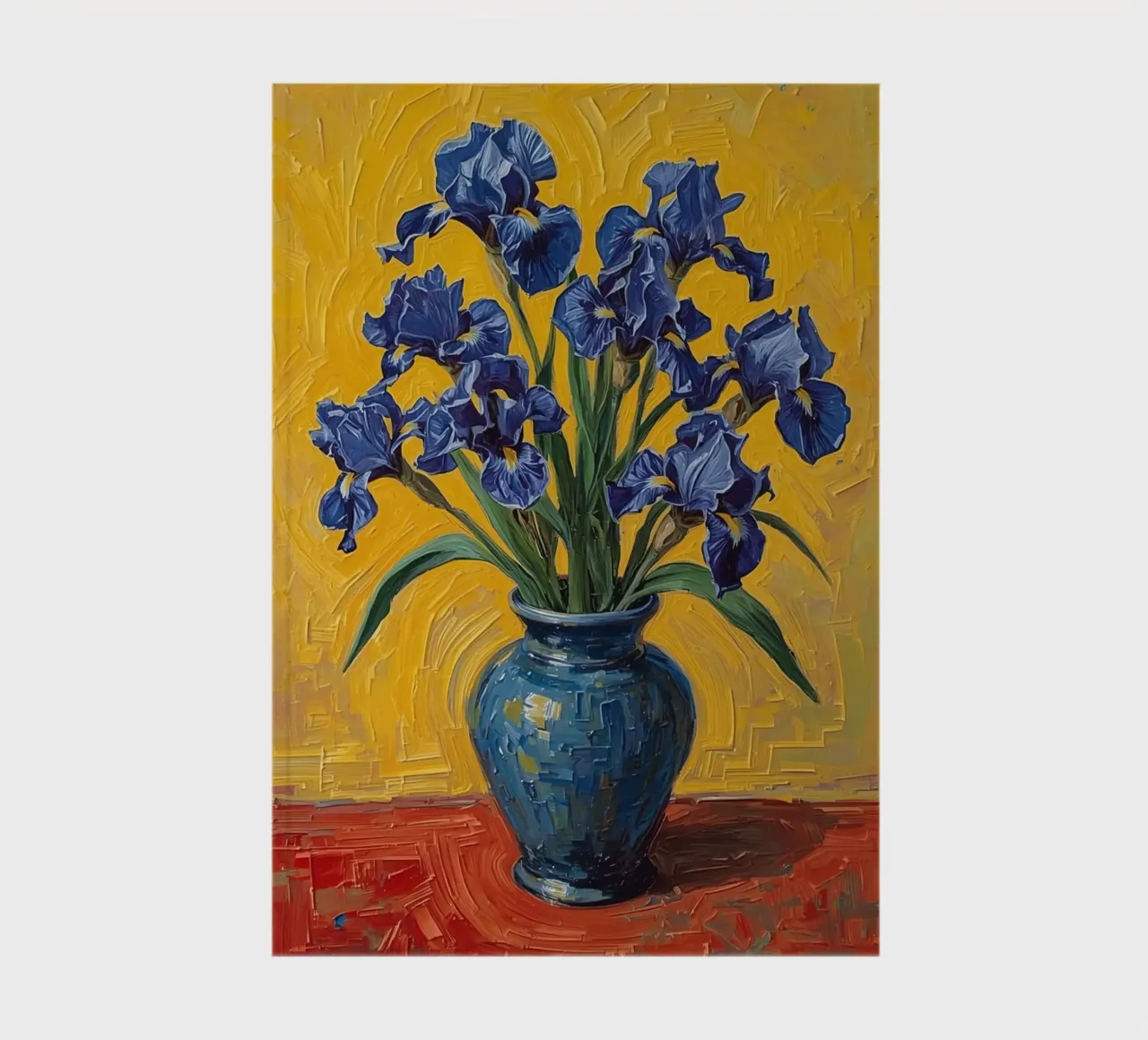 Iris bleus dans un vase bleu sur fond rouge carnet de notes de DesignDoodle