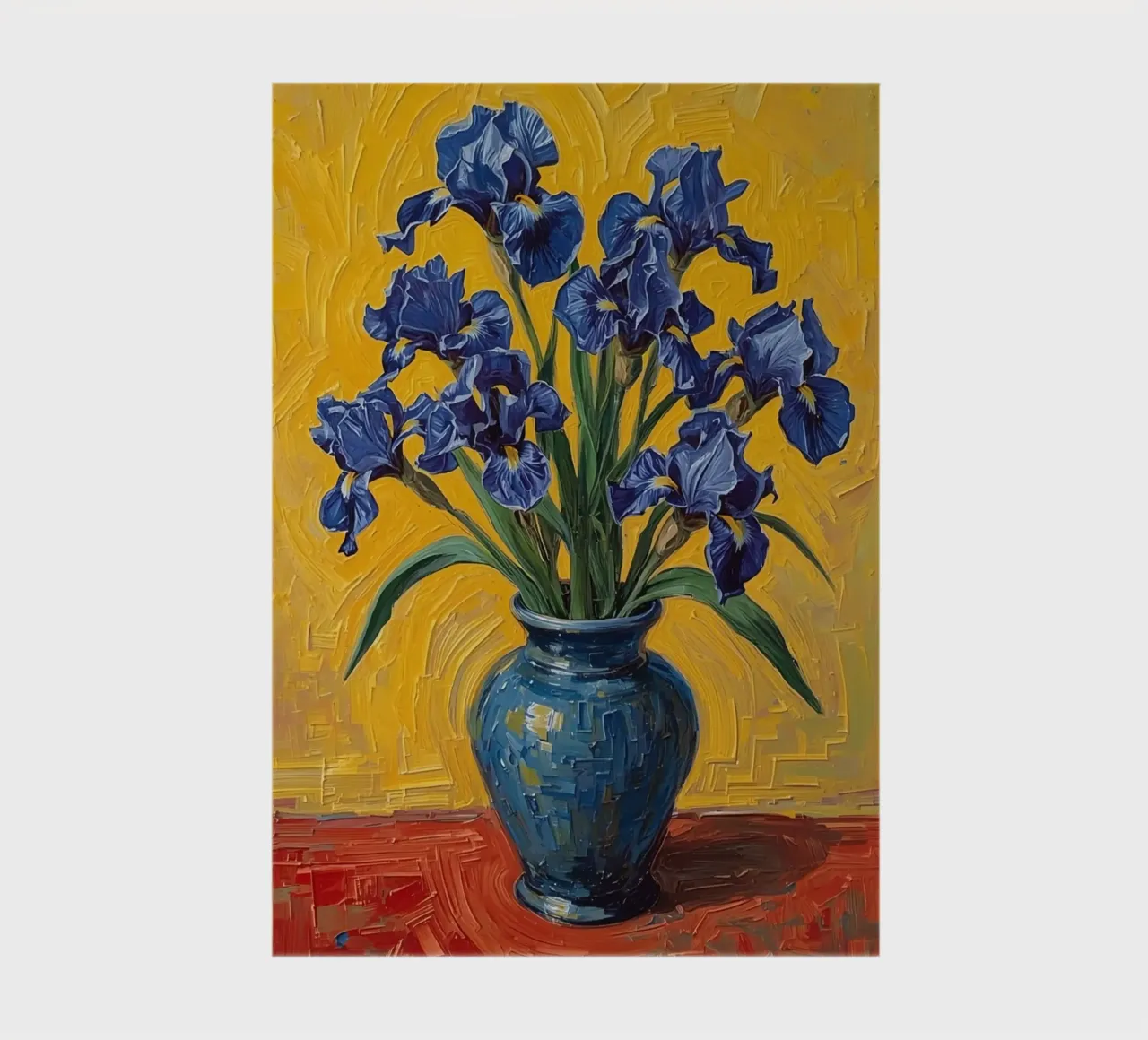 Iris bleus dans un vase bleu sur fond rouge carnet de notes de DesignDoodle