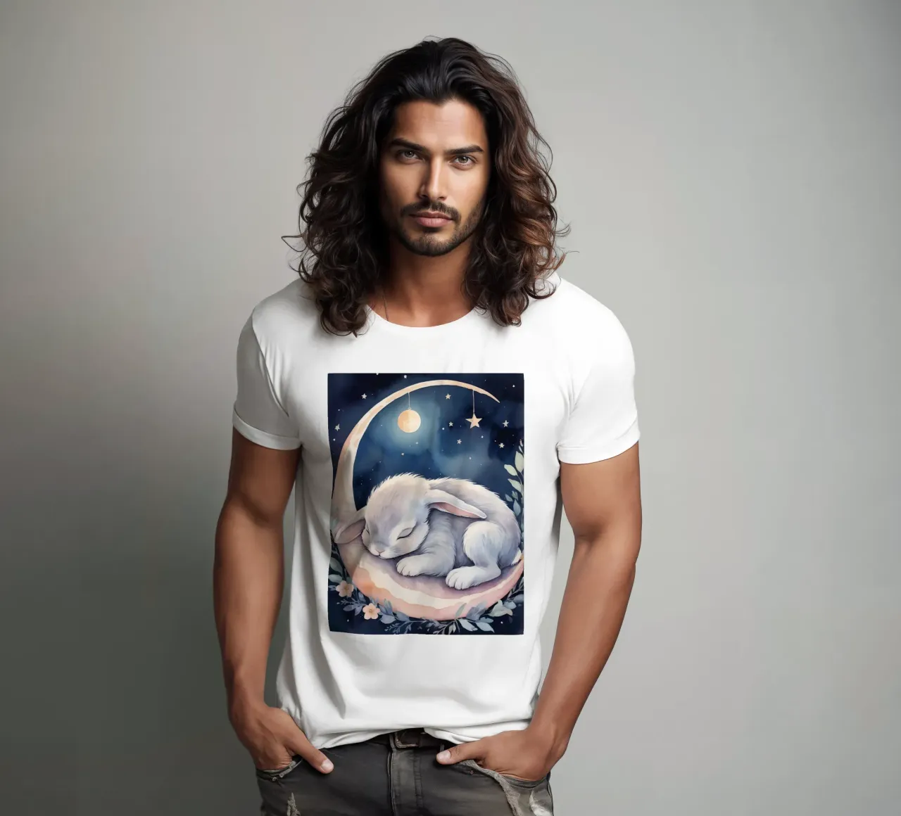 Coniglietto che dorme sulla luna crescente con le stelle t-shirt da DesignDoodle
