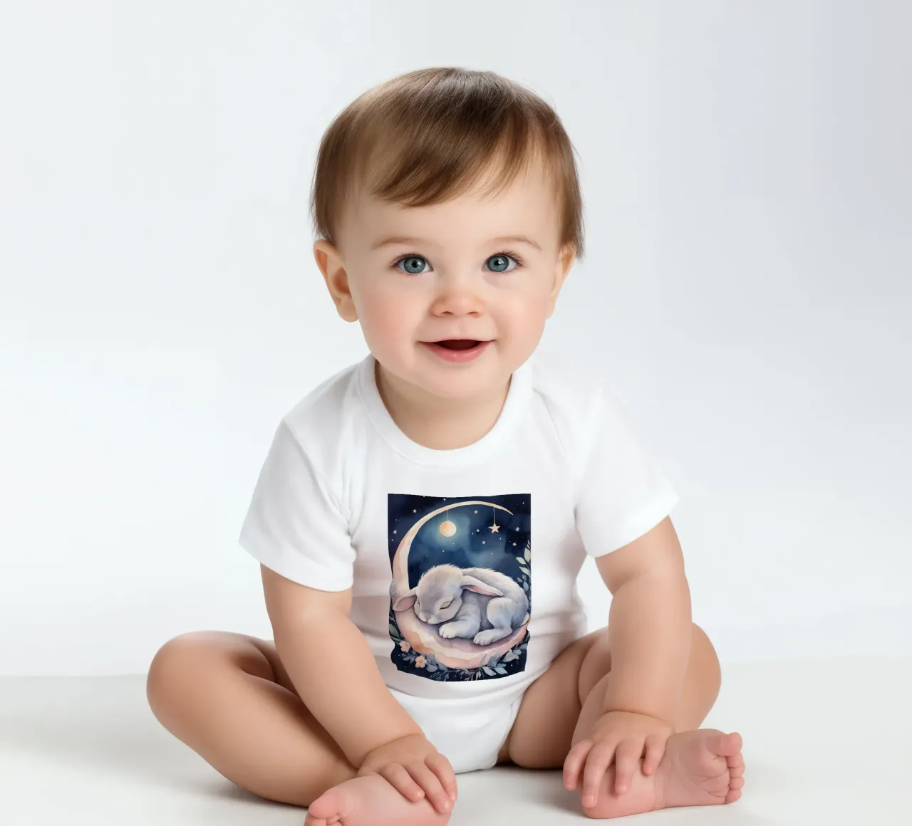 Coniglietto che dorme sulla luna crescente con le stelle body neonato maniche corte da DesignDoodle
