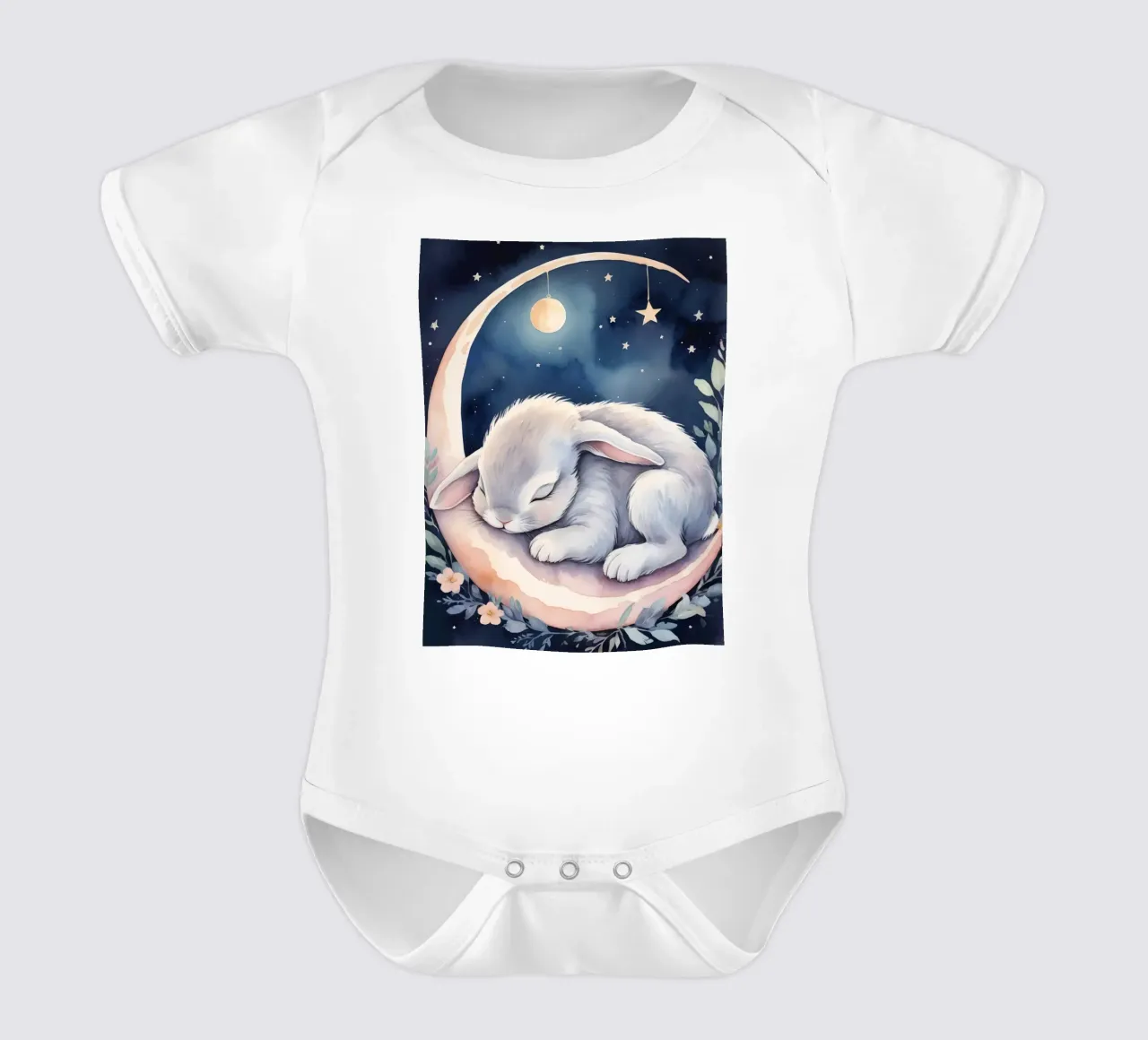 Coniglietto che dorme sulla luna crescente con le stelle body neonato maniche corte da DesignDoodle