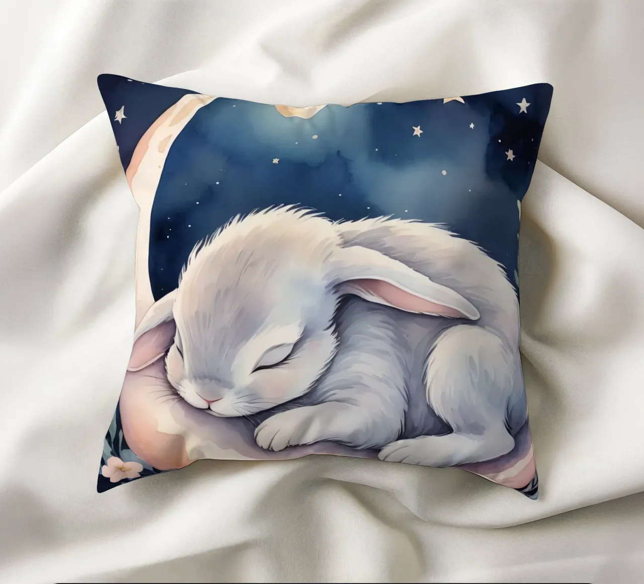 Coniglietto che dorme sulla luna crescente con le stelle cuscino da DesignDoodle