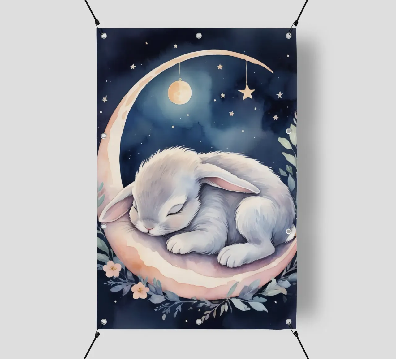 Coniglietto che dorme sulla luna crescente con le stelle telo in pvc da DesignDoodle