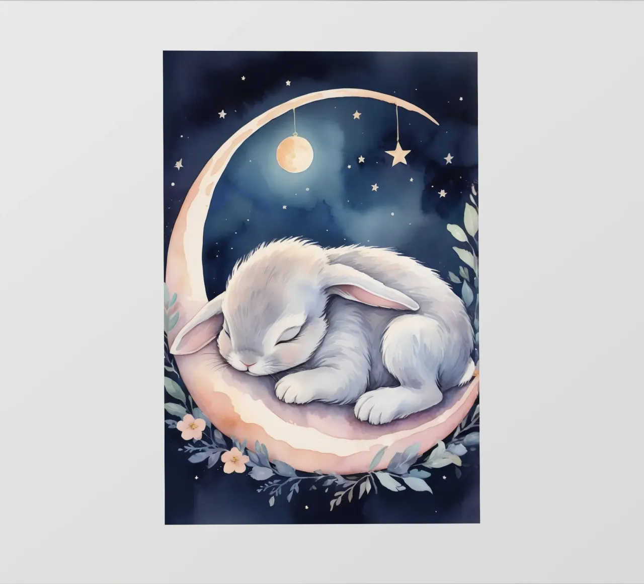 Coniglietto che dorme sulla luna crescente con le stelle telo in pvc da DesignDoodle