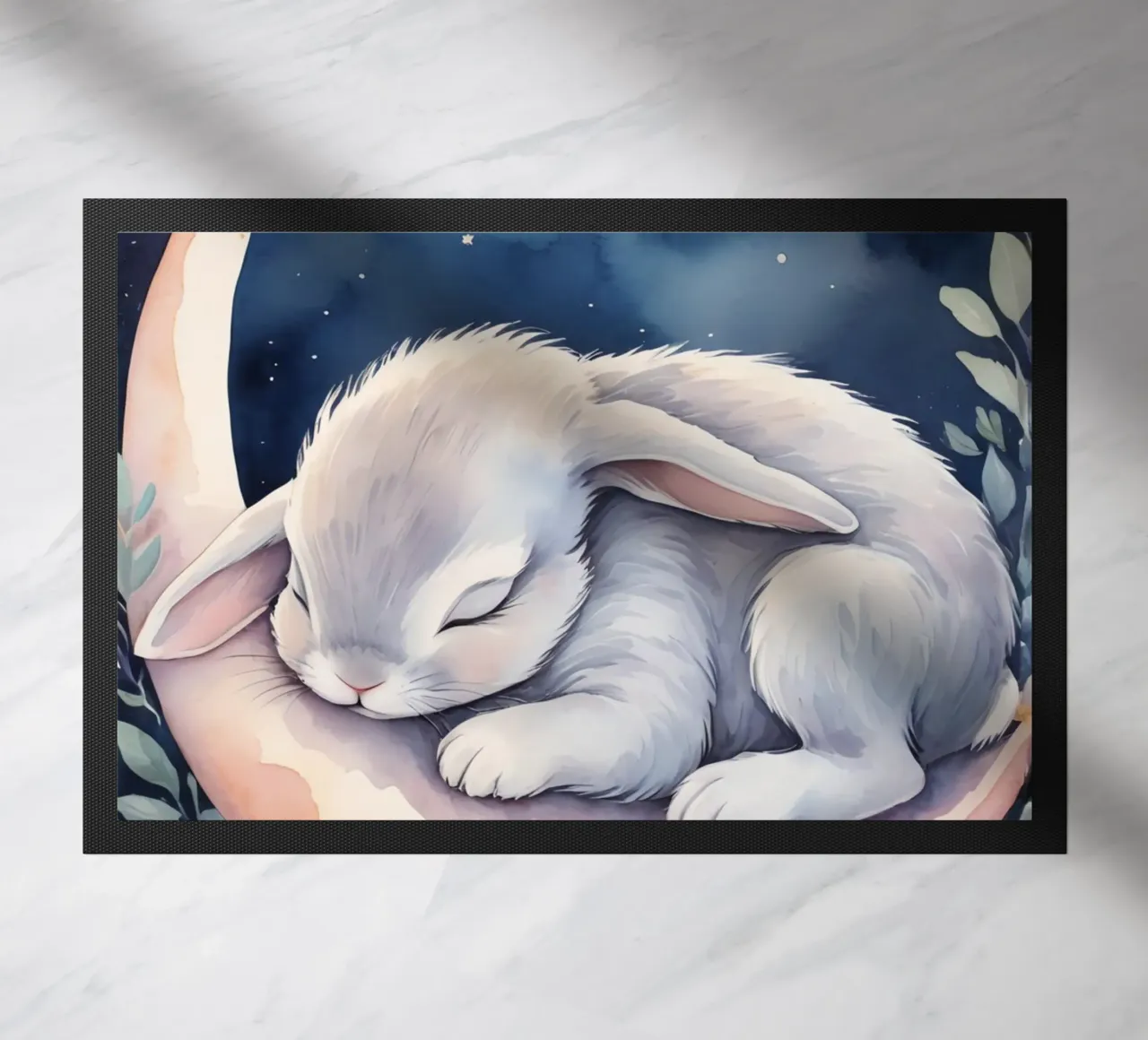 Coniglietto che dorme sulla luna crescente con le stelle zerbino da DesignDoodle