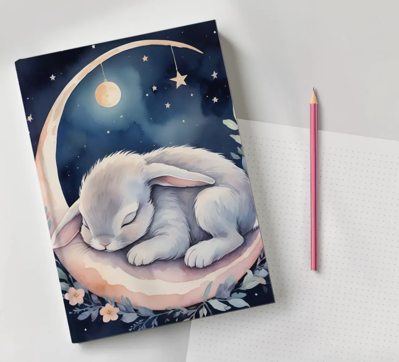 Lapin dormant sur un croissant de lune avec des étoiles carnet de notes de DesignDoodle