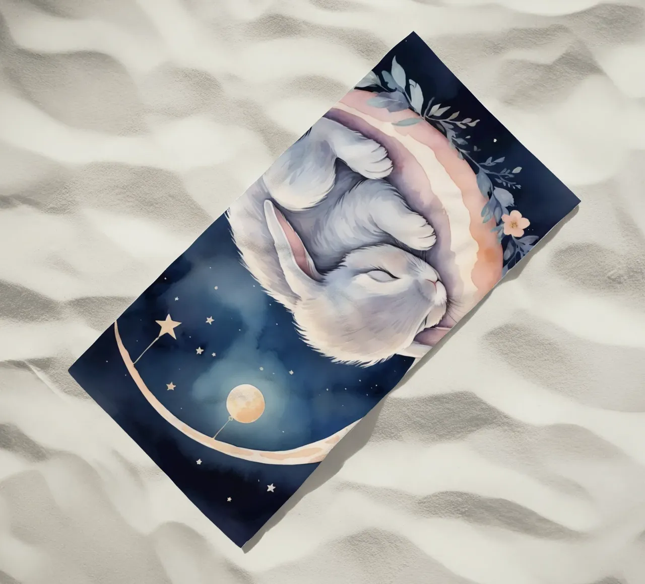 Coniglietto che dorme sulla luna crescente con le stelle telo mare da DesignDoodle