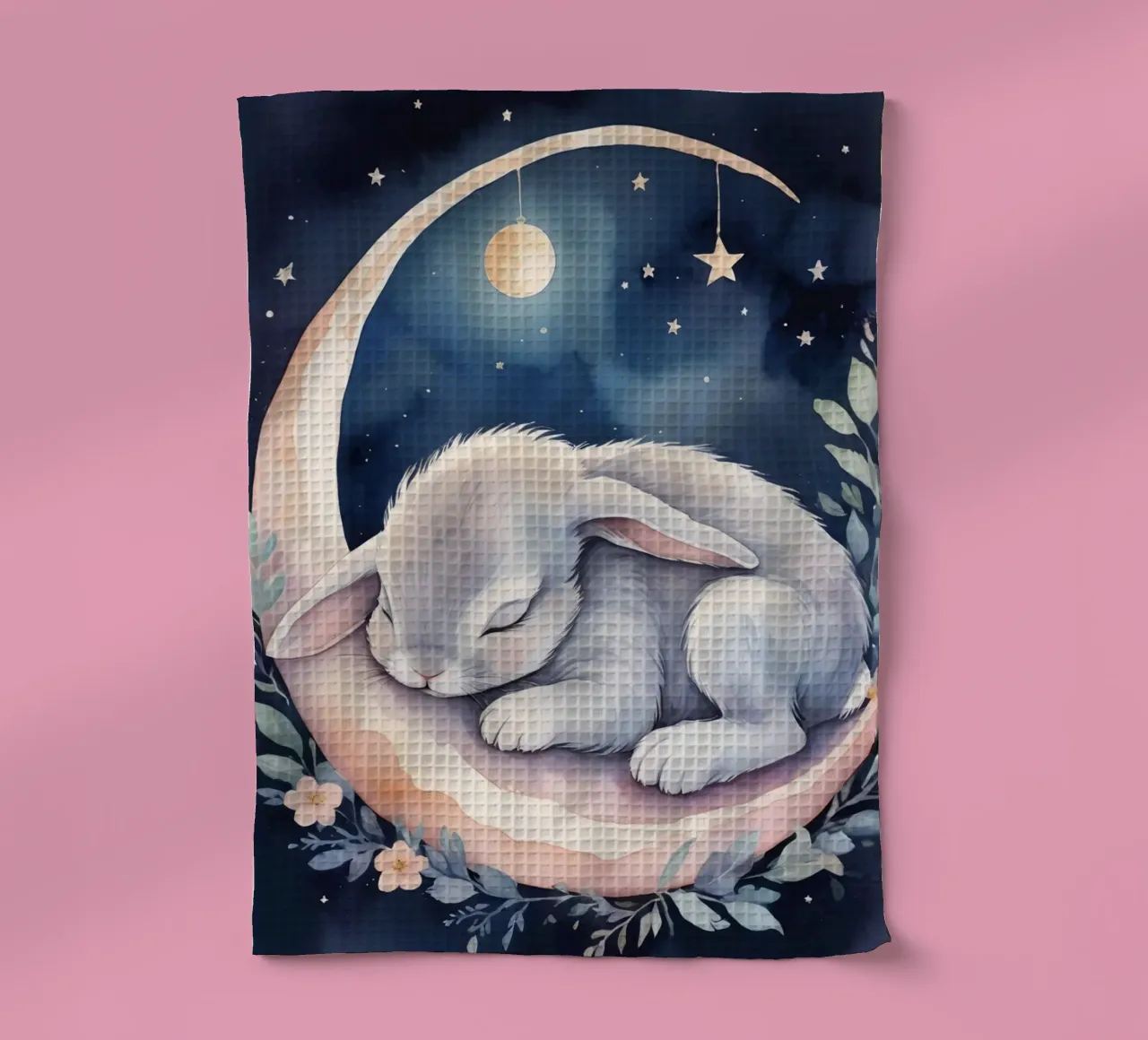 Coniglietto che dorme sulla luna crescente con le stelle canovaccio da cucina da DesignDoodle