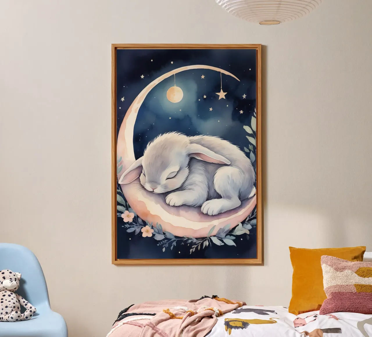 Coniglietto che dorme sulla luna crescente con le stelle alluminio dibond da DesignDoodle