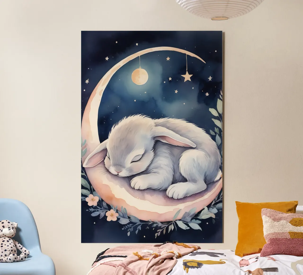 Coniglietto che dorme sulla luna crescente con le stelle alluminio dibond da DesignDoodle