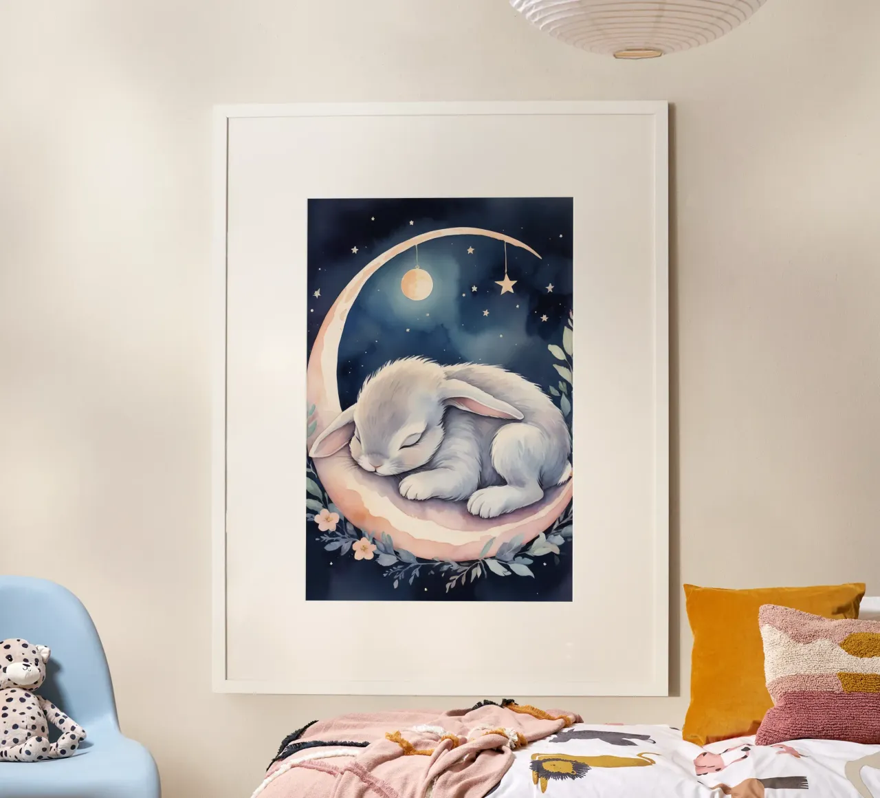 Hase schlafend auf Mondsichel mit Sternen Hahnemühle von DesignDoodle