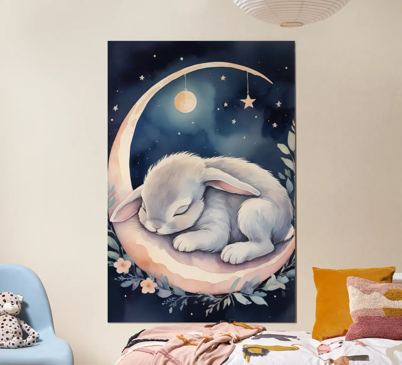 Hase schlafend auf Mondsichel mit Sternen Hahnemühle von DesignDoodle