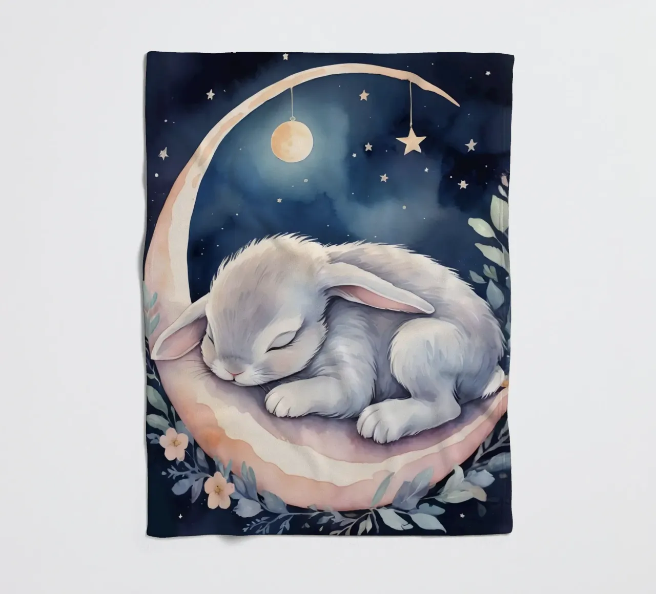 Coniglietto che dorme sulla luna crescente con le stelle coperta in pile da DesignDoodle