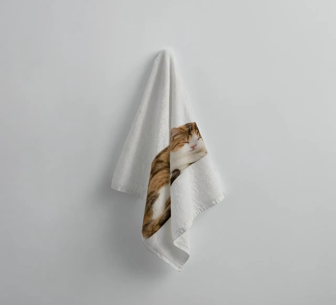Calico cat sleeping on white background towel by DesignDoodle