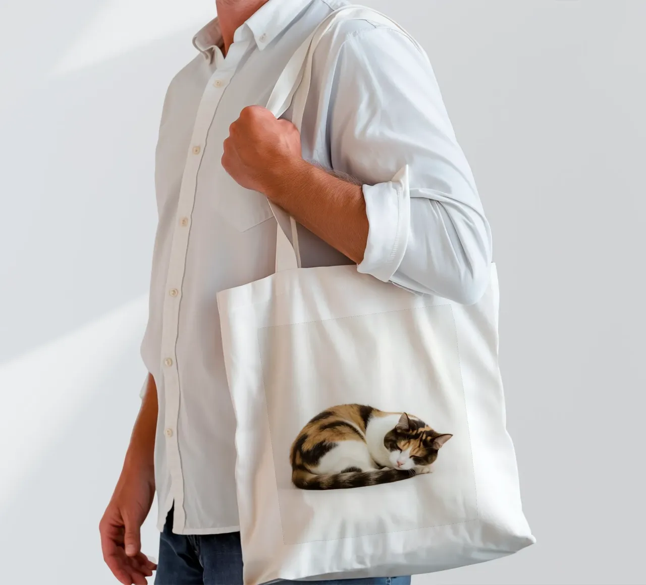 Gatto calico che dorme borsa in juta da DesignDoodle