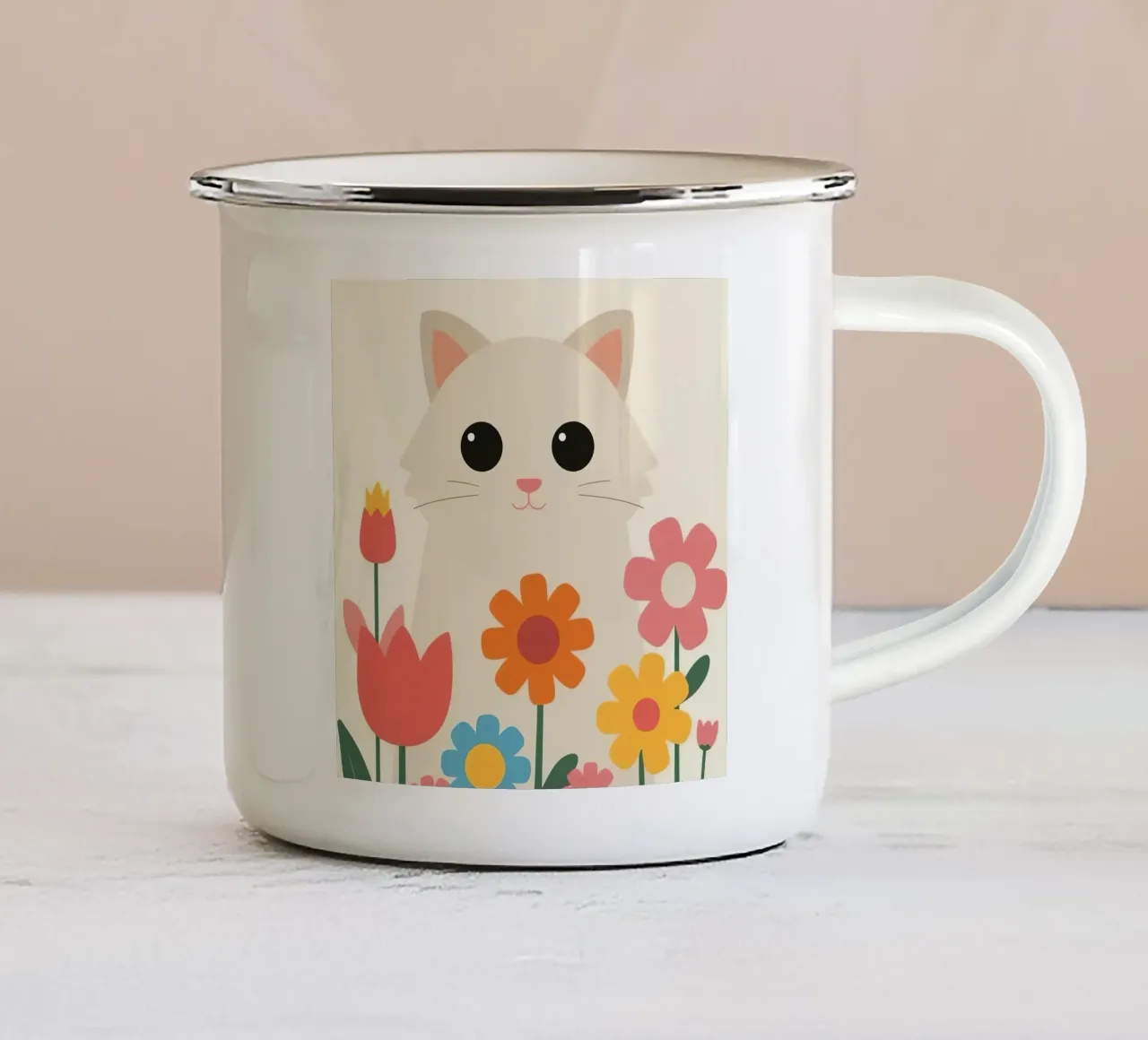 Gatto carino con fiori colorati tazza in smalto da DesignDoodle