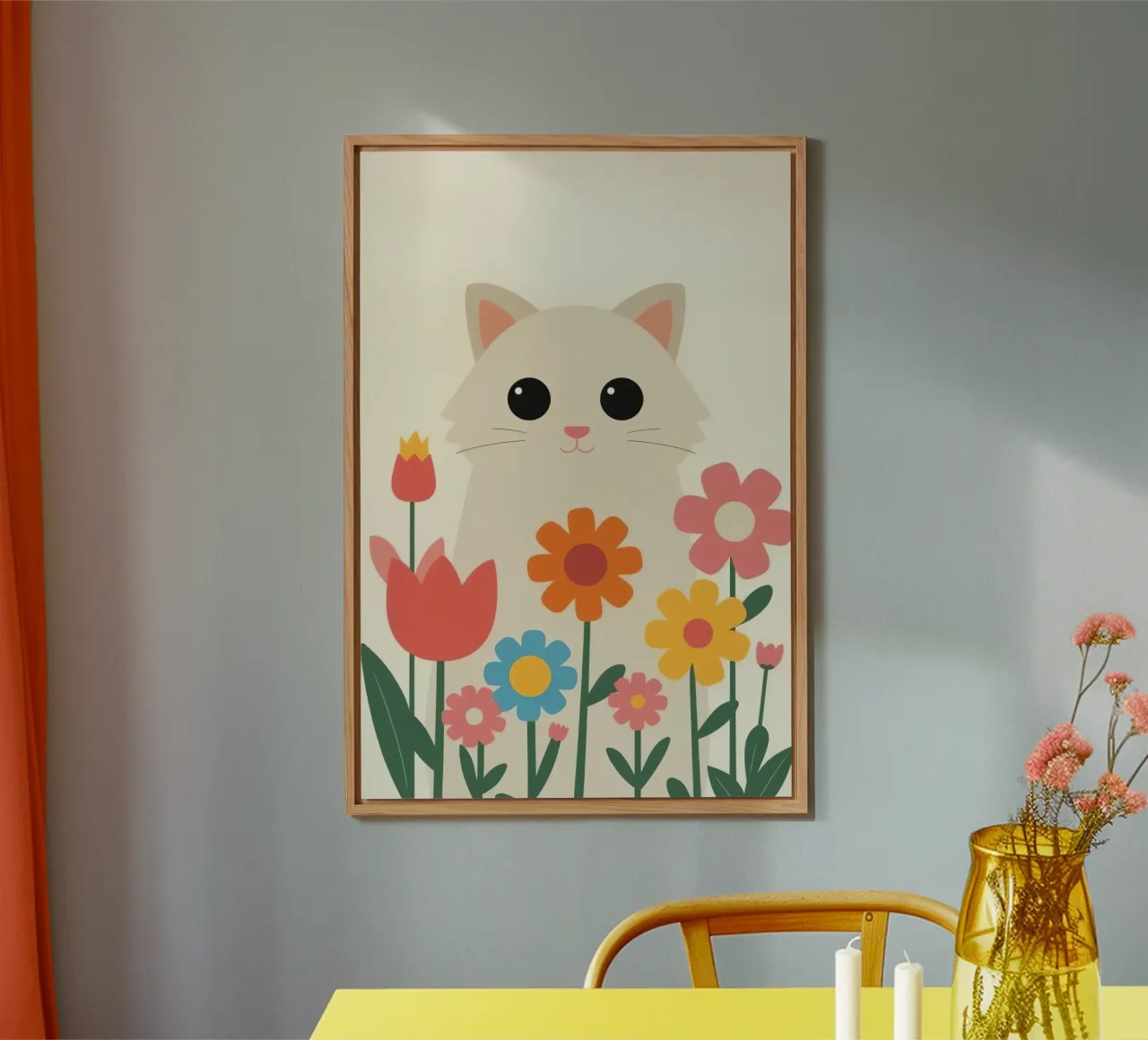 Gatto carino con fiori colorati alluminio dibond da DesignDoodle