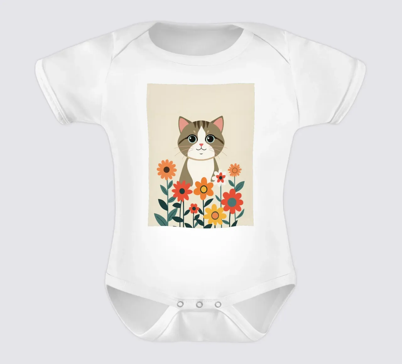 Gatto felice dei cartoni animati con fiori body neonato maniche corte da DesignDoodle