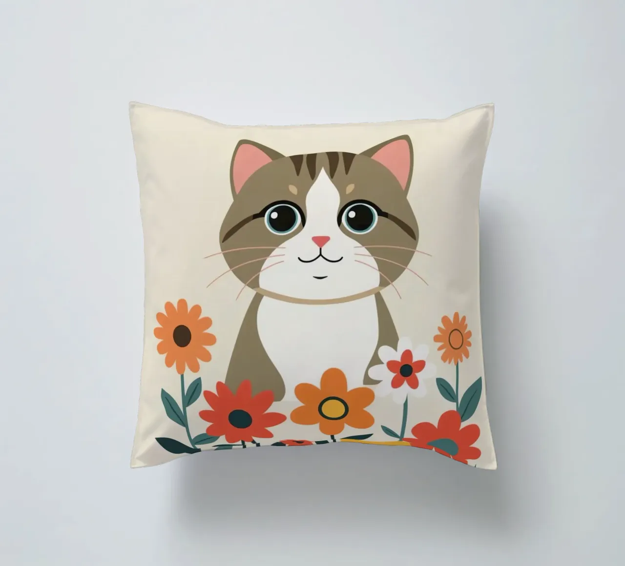 Gatto felice dei cartoni animati con fiori cuscino da DesignDoodle
