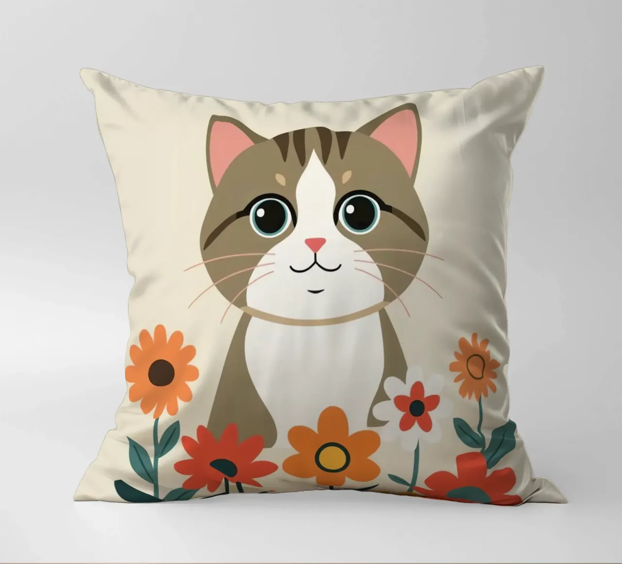 Gatto felice dei cartoni animati con fiori cuscino da DesignDoodle