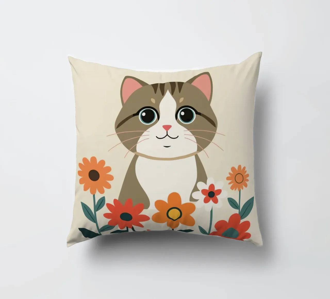 Gatto felice dei cartoni animati con fiori cuscino da DesignDoodle