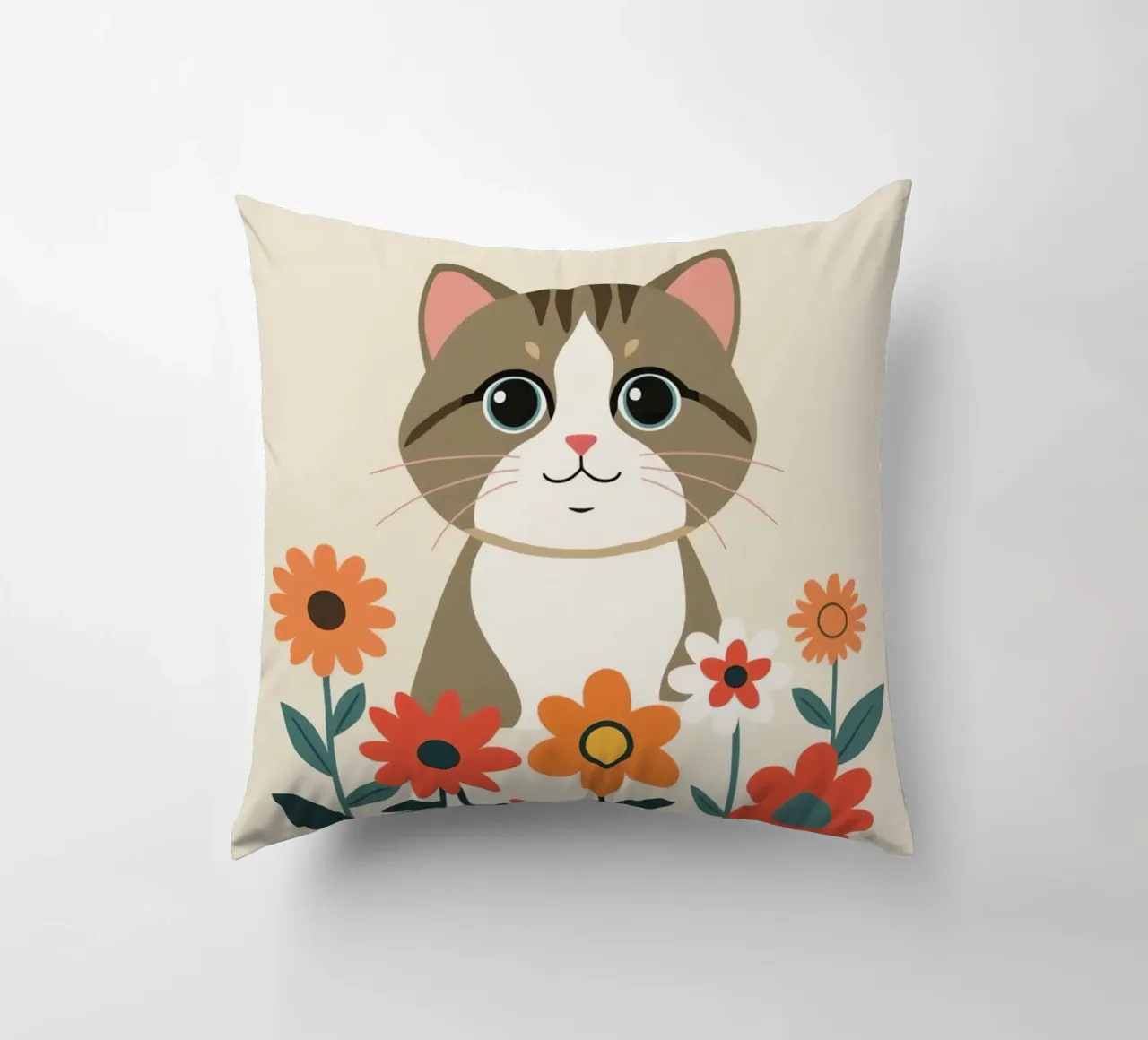Gatto felice dei cartoni animati con fiori cuscino da DesignDoodle