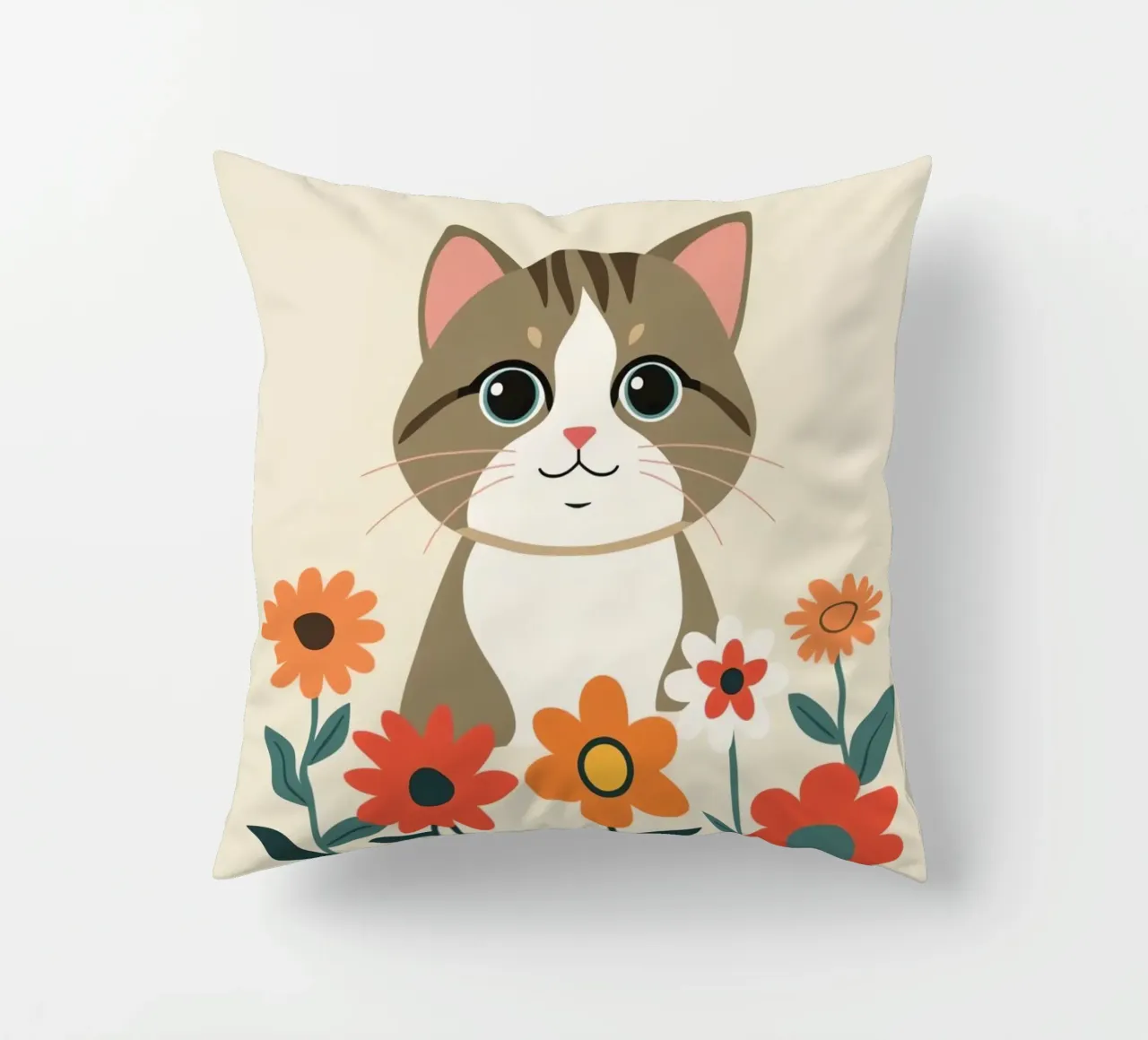 Gatto felice dei cartoni animati con fiori cuscino da DesignDoodle