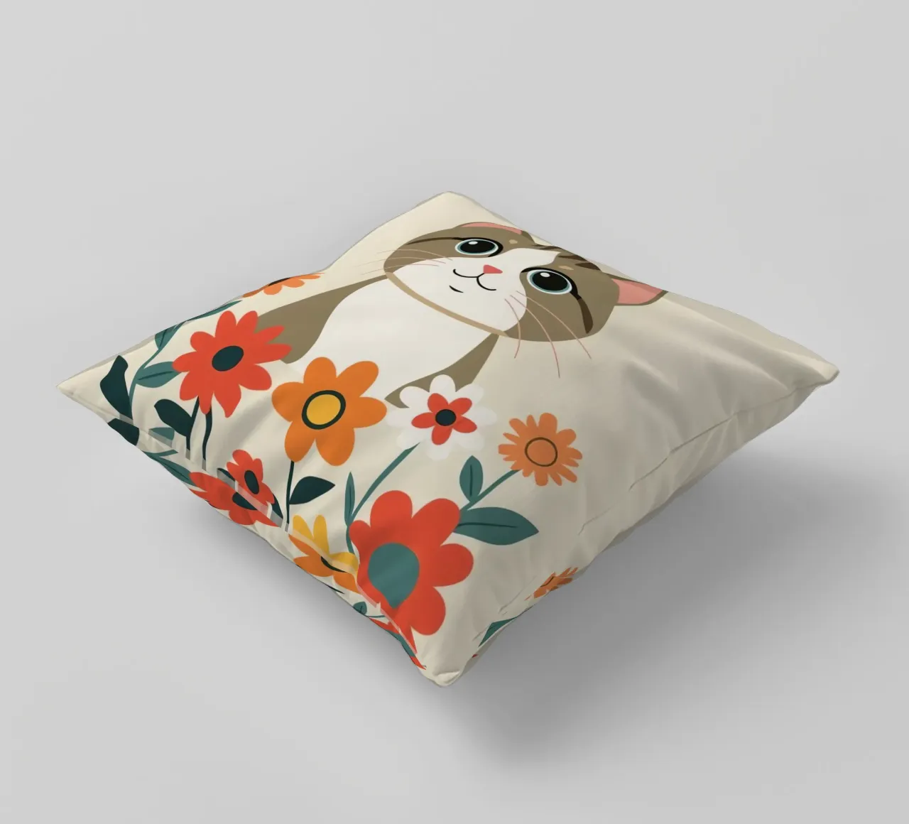 Gatto felice dei cartoni animati con fiori cuscino da DesignDoodle