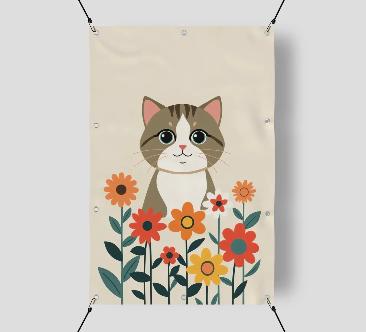 Gatto felice dei cartoni animati con fiori telo in pvc da DesignDoodle