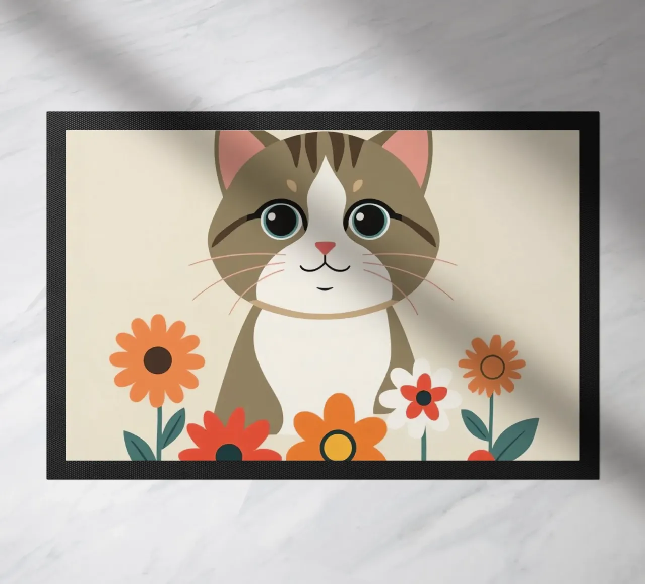 Gatto felice dei cartoni animati con fiori zerbino da DesignDoodle