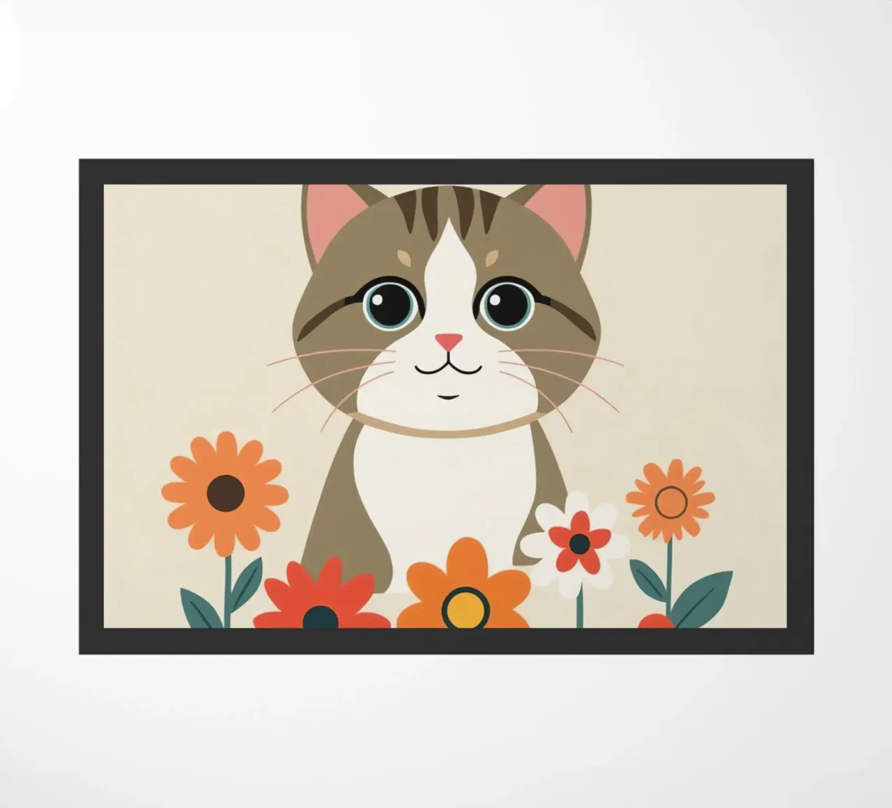 Gatto felice dei cartoni animati con fiori zerbino da DesignDoodle