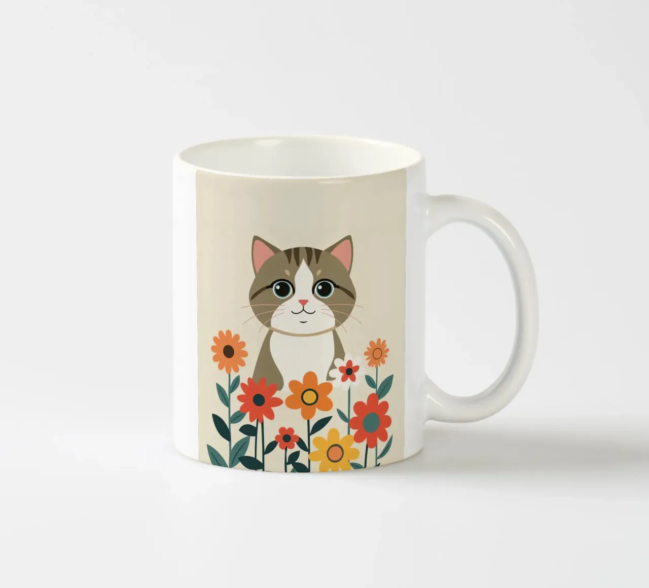 Gatto felice dei cartoni animati con fiori tazza in ceramica da DesignDoodle