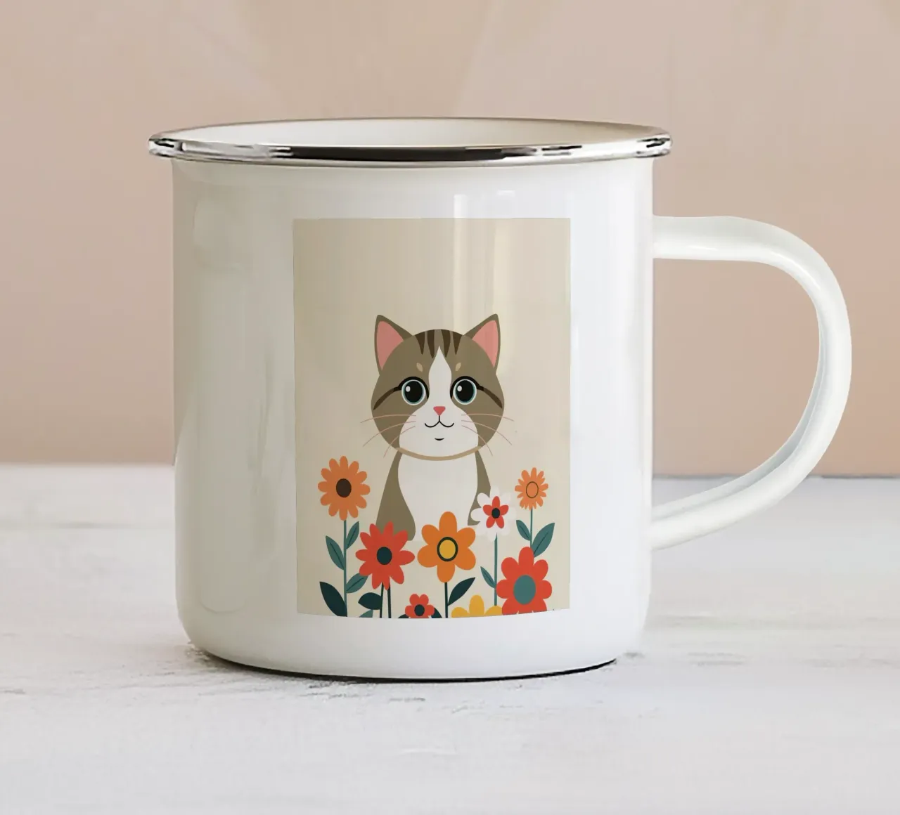 Gatto felice dei cartoni animati con fiori tazza in smalto da DesignDoodle