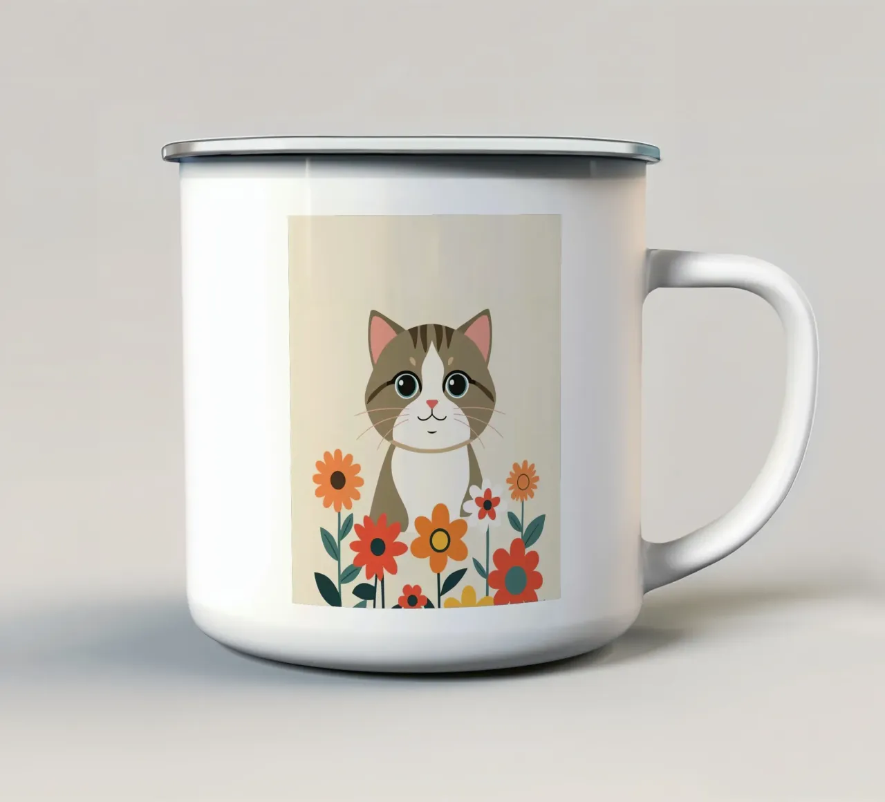 Gatto felice dei cartoni animati con fiori tazza in smalto da DesignDoodle