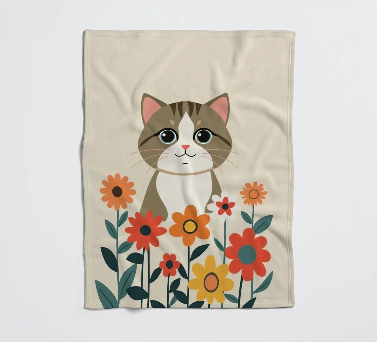 Gatto felice dei cartoni animati con fiori coperta in pile da DesignDoodle