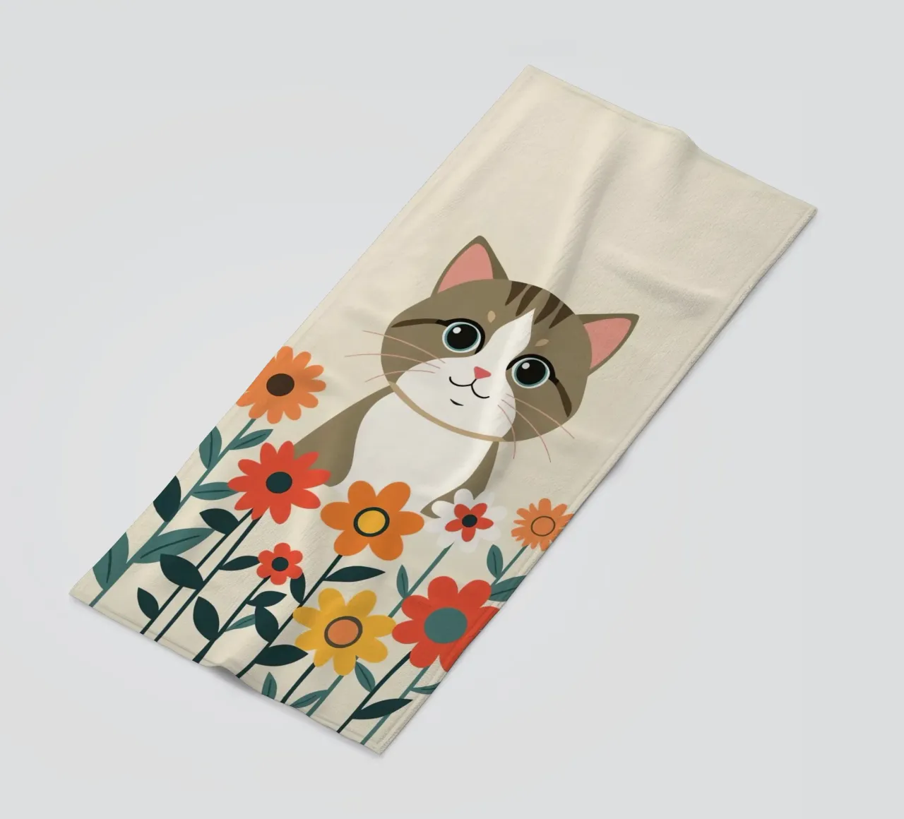 Gatto felice dei cartoni animati con fiori telo mare da DesignDoodle